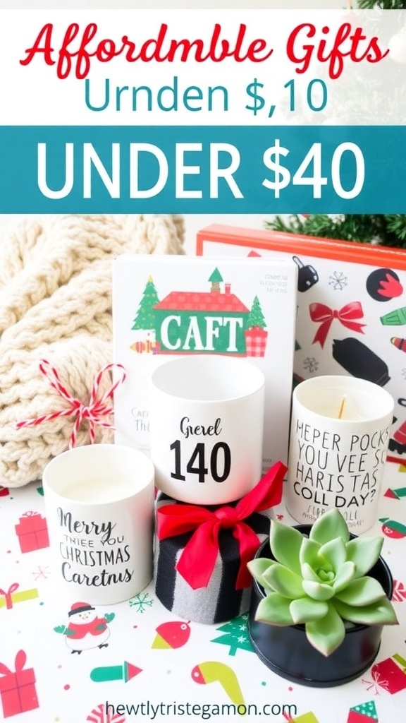 A collection of budget-friendly Christmas gifts including a blanket, board game, mug, and plant on a holiday table.